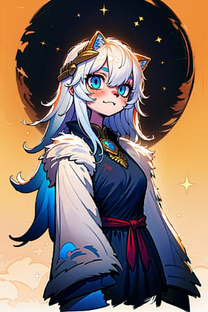 (best quality, detailed, masterpiece,) furry, furry female, humanoid body, fur, fur all over body, white fur, fur with blue tips, cat ears, long hair, laughing hair, hair pulled back in ponytail, two tufts of hair on sides of face, samurai helmet, white helmet, helmet with golden plates, half moon on top of helmet, blue eyes, cat nose, hunanoid mouth, serious face, medium breasts, top of armor, armor with cleavage, white plates, blue plates, golden plates, shoulder pads with lion head shapes, sleeveless golden wristbands, wristbands with cloud design, arms with fur, hands with claws, bottom of dress, skirt, covered legs, ((celestial scenery, clouds in background, starry sky in the sky)),furry