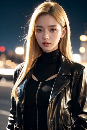 blonde hair(very long hair, straight hair),
Best Quality, 32k, photorealistic, ultra-detailed, finely detailed, high resolution, perfect dynamic composition, beautiful detailed eyes, sharp-focus, ((black leather jacket)), black Turtle neck shirt, night city view