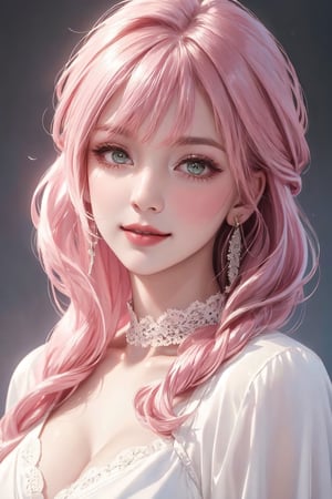 (((realistic))), Best picture quality, high resolution, 8k, realistic, sharp focus, realistic image of elegant lady, supermodel, Girl with spiral hair, pink hair, long bangs, thick sweater, green eyes, Smirk, (high quality:1.0) (white background:0.8), detailed face, (blush:0.8), 1 girl,Young beauty spirit, ZGirl, perfect light, Detailedface,1 girl, big eyes, eye shadow ,SharpEyess, 
,perfecteyes eyes ,Smirk,Detailedface, perfect light,ZGirl,photo of perfecteyes eyes, tight lace dress, ((huge beasts))