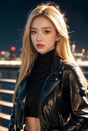 blonde hair(very long hair, straight hair),
Best Quality, 32k, photorealistic, ultra-detailed, finely detailed, high resolution, perfect dynamic composition, beautiful detailed eyes, sharp-focus, ((black leather jacket)), black Turtle neck shirt, night city view