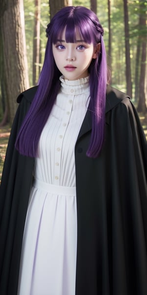 fern, (purple hair),blunt bangs, ((purple eyes)), plump round face, long hair,solo,(insanely detailed, masterpiece, best quality,), (((realistic))), women‘s white turtleneck long skirt，((black long Cloak)), woods
photography, kodak 100 gold