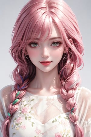 (((realistic))), Best picture quality, high resolution, 8k, realistic, sharp focus, realistic image of elegant lady, supermodel, Girl with spiral hair, pink hair, long bangs, thick sweater, green eyes, Smirk, (high quality:1.0) (white background:0.8), detailed face, (blush:0.8), 1 girl,Young beauty spirit, ZGirl, perfect light, Detailedface,1 girl, big eyes, eye shadow ,SharpEyess, 
,perfecteyes eyes ,Smirk,Detailedface, perfect light,ZGirl,photo of perfecteyes eyes, tight lace dress