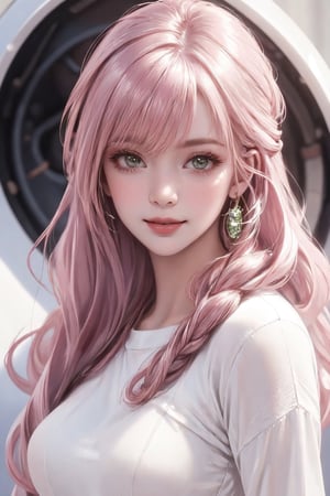 (((realistic))), Best picture quality, high resolution, 8k, realistic, sharp focus, realistic image of elegant lady, supermodel, Girl with spiral hair, pink hair, long bangs, thick sweater, green eyes, Smirk, (high quality:1.0) (white background:0.8), detailed face, (blush:0.8), 1 girl,Young beauty spirit, ZGirl, perfect light, Detailedface,1 girl, big eyes, eye shadow ,SharpEyess, 
,perfecteyes eyes ,Smirk,Detailedface, perfect light,ZGirl,photo of perfecteyes eyes, tight lace dress