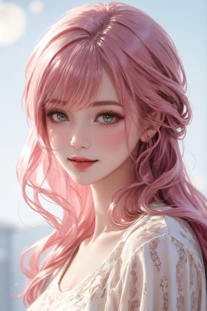 (((realistic))), Best picture quality, high resolution, 8k, realistic, sharp focus, realistic image of elegant lady, supermodel, Girl with spiral hair, pink hair, long bangs, thick sweater, green eyes, Smirk, (high quality:1.0) (white background:0.8), detailed face, (blush:0.8), 1 girl,Young beauty spirit, ZGirl, perfect light, Detailedface,1 girl, big eyes, eye shadow ,SharpEyess, 
,perfecteyes eyes ,Smirk,Detailedface, perfect light,ZGirl,photo of perfecteyes eyes, tight lace dress