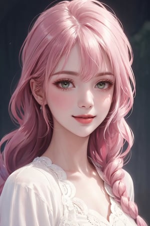 (((realistic))), Best picture quality, high resolution, 8k, realistic, sharp focus, realistic image of elegant lady, supermodel, Girl with spiral hair, pink hair, long bangs, thick sweater, green eyes, Smirk, (high quality:1.0) (white background:0.8), detailed face, (blush:0.8), 1 girl,Young beauty spirit, ZGirl, perfect light, Detailedface,1 girl, big eyes, eye shadow ,SharpEyess, 
,perfecteyes eyes ,Smirk,Detailedface, perfect light,ZGirl,photo of perfecteyes eyes, tight lace dress