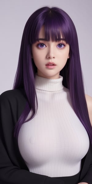 fern,purple hair,blunt bangs, (purple eyes), (round face), long hair,solo,(insanely detailed, masterpiece, best quality,), (((realistic))), long black robe, white turtleneck ruffle shirt, big breasts