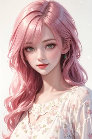 (((realistic))), Best picture quality, high resolution, 8k, realistic, sharp focus, realistic image of elegant lady, supermodel, Girl with spiral hair, pink hair, long bangs, thick sweater, green eyes, Smirk, (high quality:1.0) (white background:0.8), detailed face, (blush:0.8), 1 girl,Young beauty spirit, ZGirl, perfect light, Detailedface,1 girl, big eyes, eye shadow ,SharpEyess, 
,perfecteyes eyes ,Smirk,Detailedface, perfect light,ZGirl,photo of perfecteyes eyes, tight lace dress