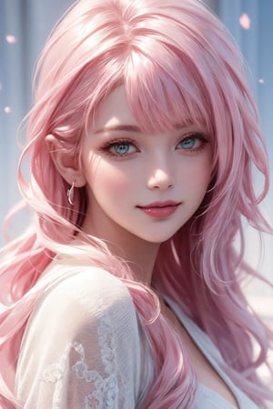 (((realistic))), Best picture quality, high resolution, 8k, realistic, sharp focus, realistic image of elegant lady, supermodel, Girl with spiral hair, pink hair, long bangs, thick sweater, green eyes, Smirk, (high quality:1.0) (white background:0.8), detailed face, (blush:0.8), 1 girl,Young beauty spirit, perfect light, Detailedface,1 girl, big eyes, eye shadow ,SharpEyess, 
,perfecteyes eyes ,Smirk,Detailedface, perfect light,ZGirl,photo of perfecteyes eyes, tight lace dress