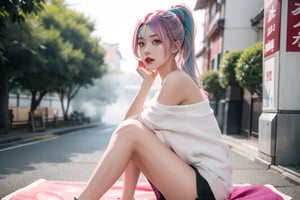 A Japanese girl, face, rainbow-colored hair, whole body, sitting on the ground, colorful hair, (half blue and half pink hair), gradient green, red lips, exquisite facial features, ink painting, colorful background, splashed ink wall, highest quality, highest Quality, smooth hair, ponytail, lively streets of Japan, masterpiece, solo, depth of field, cute girl with delicate moist skin, solo, (fog), only underwear, showing underwear, short skirt, face paint, casual Clothes, textures, shoulders, patterns, gradients, sparkling, floating clouds, exquisite CG, exquisite and beautiful facial features, gorgeous highlights, crystal clear, elegant sparks, ink flames, stunning, charming, sparkling, perfect, ultra-clear ,16k,