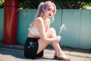 A Japanese girl, face, rainbow-colored hair, whole body, sitting on the ground, colorful hair, (half blue and half pink hair), gradient green, red lips, exquisite facial features, ink painting, colorful background, splashed ink wall, highest quality, highest Quality, smooth hair, ponytail, lively streets of Japan, masterpiece, solo, depth of field, cute girl with delicate moist skin, solo, (fog), only underwear, showing underwear, short skirt, face paint, casual Clothes, textures, shoulders, patterns, gradients, sparkling, floating clouds, exquisite CG, exquisite and beautiful facial features, gorgeous highlights, crystal clear, elegant sparks, ink flames, stunning, charming, sparkling, perfect, ultra-clear ,16k,