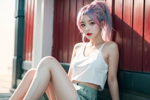 A Japanese girl, face, rainbow-colored hair, whole body, sitting on the ground, colorful hair, (half blue and half pink hair), gradient green, red lips, exquisite facial features, ink painting, colorful background, splashed ink wall, highest quality, highest Quality, smooth hair, ponytail, lively streets of Japan, masterpiece, solo, depth of field, cute girl with delicate moist skin, solo, (fog), only underwear, showing underwear, short skirt, face paint, casual Clothes, textures, shoulders, patterns, gradients, sparkling, floating clouds, exquisite CG, exquisite and beautiful facial features, gorgeous highlights, crystal clear, elegant sparks, ink flames, stunning, charming, sparkling, perfect, ultra-clear ,16k,