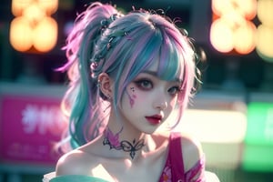 A girl, face, rainbow hair, whole body, colorful hair, (half blue and half pink hair), gradient green, red lips, delicate facial features, ink painting, colorful background, splash wall, highest image quality, highest quality, smooth hair , ponytail, masterpiece, solo, depth of field, cute girl with delicate moist skin, solo, (mist), off-shoulder, short skirt, face paint, casual clothes, texture, shoulders, pattern, gradient, glitter, floating clouds , exquisite CG, exquisite and beautiful facial features, gorgeous highlights, crystal clear, elegant sparks, ink flames, stunning, charming, sparkling, perfect, ultra-clear, 16k,