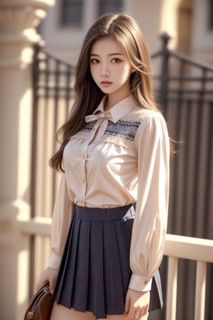 high school student,girl,school uniform(laced blouse and suit),at school gate,Best Quality, 32k, photorealistic, ultra-detailed, finely detailed, high resolution, perfect dynamic composition, beautiful detailed eyes, sharp-focus, cowboy_shot, 