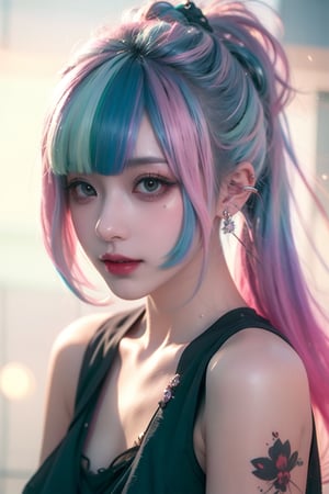 A girl, face, rainbow color hair, upper_body, colorful hair, (half blue and half pink hair), gradient green, red lips, delicate facial features, ink paiting, colorfull background, splashed ink wall,
The highest picture quality, the highest quality, smooth hair, ponytail, masterpiece, solo, depth of field, cute girl with delicate and moist skin, solo, (mist), paint on the face, random clothes, texture,
 Shoulder, patterned, gradient, sparkling, floating clouds, exquisite CG, exquisite and beautiful facial features, gorgeous highlights, crystal clear, floating sparks, ink liquid flame, stunning, charming, sparkling, perfect, super Clear, 16k,