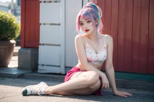 A Japanese girl, face, rainbow-colored hair, whole body, sitting on the ground, colorful hair, (half blue and half pink hair), gradient green, red lips, exquisite facial features, ink painting, colorful background, splashed ink wall, highest quality, highest Quality, smooth hair, ponytail, lively streets of Japan, masterpiece, solo, depth of field, cute girl with delicate moist skin, solo, (fog), only underwear, showing underwear, short skirt, face paint, casual Clothes, textures, shoulders, patterns, gradients, sparkling, floating clouds, exquisite CG, exquisite and beautiful facial features, gorgeous highlights, crystal clear, elegant sparks, ink flames, stunning, charming, sparkling, perfect, ultra-clear ,16k,