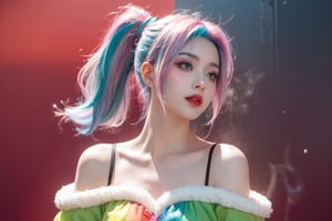 A girl, face, rainbow hair, whole body, colorful hair, (half blue and half pink hair), gradient green, red lips, delicate facial features, ink painting, colorful background, splash wall, highest image quality, highest quality, smooth hair , ponytail, masterpiece, solo, depth of field, cute girl with delicate moist skin, solo, (mist), off-shoulder, short skirt, face paint, casual clothes, texture, shoulders, pattern, gradient, glitter, floating clouds , exquisite CG, exquisite and beautiful facial features, gorgeous highlights, crystal clear, elegant sparks, ink flames, stunning, charming, sparkling, perfect, ultra-clear, 16k,