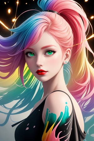 A girl, face, rainbow hair, upper body, colorful hair, (half blue and half pink hair), red lips, exquisite facial features, ink painting, colorful background, water splash wall, gradient green,, highest quality, highest quality, smooth hair , ponytail, masterpiece, solo, depth of field, cute girl with delicate and moist skin, solo, (fog), casual clothing, texture, shoulders, pattern, gradient, shiny, floating clouds, exquisite CG, exquisite beautiful face features, Gorgeous highlights, crystal clear, floating sparks, ink flames, stunning, charming, sparkling, perfect, ultra-clear, 16k, location on the street in Graffiti Park, bust shot