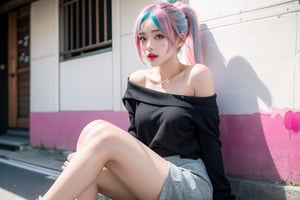 A Japanese girl, face, rainbow-colored hair, whole body, sitting on the ground, colorful hair, (half blue and half pink hair), gradient green, red lips, exquisite facial features, ink painting, colorful background, splashed ink wall, highest quality, highest Quality, smooth hair, ponytail, lively streets of Japan, masterpiece, solo, depth of field, cute girl with delicate moist skin, solo, (fog), only underwear, showing underwear, short skirt, face paint, casual Clothes, textures, shoulders, patterns, gradients, sparkling, floating clouds, exquisite CG, exquisite and beautiful facial features, gorgeous highlights, crystal clear, elegant sparks, ink flames, stunning, charming, sparkling, perfect, ultra-clear ,16k,