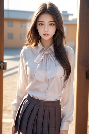 high school student,girl,school uniform(laced blouse and suit),at school gate,Best Quality, 32k, photorealistic, ultra-detailed, finely detailed, high resolution, perfect dynamic composition, beautiful detailed eyes, sharp-focus, cowboy_shot, 