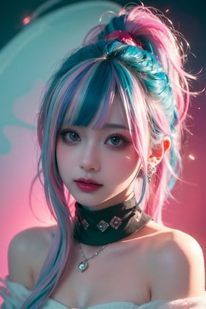 A girl, face, rainbow color hair, upper_body, colorful hair, (half blue and half pink hair), gradient green, red lips, delicate facial features, ink paiting, colorfull background, splashed ink wall,
The highest picture quality, the highest quality, smooth hair, ponytail, masterpiece, solo, depth of field, cute girl with delicate and moist skin, solo, (mist), paint on the face, random clothes, texture,
 Shoulder, patterned, gradient, sparkling, floating clouds, exquisite CG, exquisite and beautiful facial features, gorgeous highlights, crystal clear, floating sparks, ink liquid flame, stunning, charming, sparkling, perfect, super Clear, 16k,