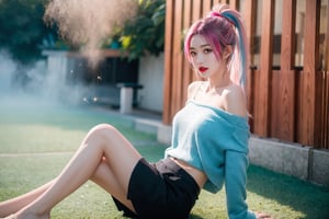 A Japanese girl, face, rainbow-colored hair, whole body, sitting on the ground, colorful hair, (half blue and half pink hair), gradient green, red lips, exquisite facial features, ink painting, colorful background, splashed ink wall, highest quality, highest Quality, smooth hair, ponytail, lively streets of Japan, masterpiece, solo, depth of field, cute girl with delicate moist skin, solo, (fog), only underwear, showing underwear, short skirt, face paint, casual Clothes, textures, shoulders, patterns, gradients, sparkling, floating clouds, exquisite CG, exquisite and beautiful facial features, gorgeous highlights, crystal clear, elegant sparks, ink flames, stunning, charming, sparkling, perfect, ultra-clear ,16k,