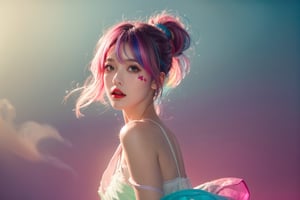 A girl, face, rainbow hair, whole body, colorful hair, (half blue and half pink hair), gradient green, red lips, delicate facial features, ink painting, colorful background, splash wall, highest image quality, highest quality, smooth hair , ponytail, masterpiece, solo, depth of field, cute girl with delicate moist skin, solo, (fog), wearing only underwear, showing underwear, short skirt, face paint, casual clothes, texture, shoulders, pattern, gradient, Sparkling, floating clouds, exquisite CG, exquisite and beautiful facial features, gorgeous highlights, crystal clear, elegant sparks, ink flames, stunning, charming, sparkling, perfect, ultra-clear, 16k,
