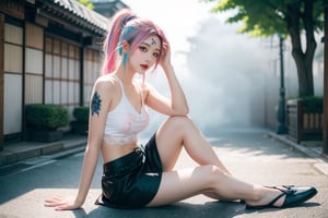 A Japanese girl, face, rainbow-colored hair, whole body, sitting on the ground, colorful hair, (half blue and half pink hair), gradient green, red lips, exquisite facial features, ink painting, colorful background, splashed ink wall, highest quality, highest Quality, smooth hair, ponytail, lively streets of Japan, masterpiece, solo, depth of field, cute girl with delicate moist skin, solo, (fog), only underwear, showing underwear, short skirt, face paint, casual Clothes, textures, shoulders, patterns, gradients, sparkling, floating clouds, exquisite CG, exquisite and beautiful facial features, gorgeous highlights, crystal clear, elegant sparks, ink flames, stunning, charming, sparkling, perfect, ultra-clear ,16k,