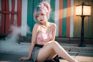 A Japanese girl, face, rainbow-colored hair, whole body, sitting on the ground, colorful hair, (half blue and half pink hair), gradient green, red lips, exquisite facial features, ink painting, colorful background, splashed ink wall, highest quality, highest Quality, smooth hair, ponytail, lively streets of Japan, masterpiece, solo, depth of field, cute girl with delicate moist skin, solo, (fog), only underwear, showing underwear, short skirt, face paint, casual Clothes, textures, shoulders, patterns, gradients, sparkling, floating clouds, exquisite CG, exquisite and beautiful facial features, gorgeous highlights, crystal clear, elegant sparks, ink flames, stunning, charming, sparkling, perfect, ultra-clear ,16k,