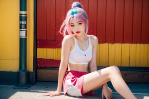 A Japanese girl, face, rainbow-colored hair, whole body, sitting on the ground, colorful hair, (half blue and half pink hair), gradient green, red lips, exquisite facial features, ink painting, colorful background, splashed ink wall, highest quality, highest Quality, smooth hair, ponytail, lively streets of Japan, masterpiece, solo, depth of field, cute girl with delicate moist skin, solo, (fog), only underwear, showing underwear, short skirt, face paint, casual Clothes, textures, shoulders, patterns, gradients, sparkling, floating clouds, exquisite CG, exquisite and beautiful facial features, gorgeous highlights, crystal clear, elegant sparks, ink flames, stunning, charming, sparkling, perfect, ultra-clear ,16k,