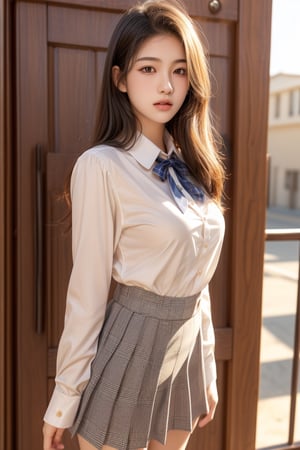 high school student,girl,school uniform(laced blouse and suit),at school gate,Best Quality, 32k, photorealistic, ultra-detailed, finely detailed, high resolution, perfect dynamic composition, beautiful detailed eyes, sharp-focus, cowboy_shot, 