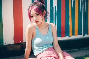 A Japanese girl, face, rainbow-colored hair, whole body, sitting on the ground, colorful hair, (half blue and half pink hair), gradient green, red lips, exquisite facial features, ink painting, colorful background, splashed ink wall, highest quality, highest Quality, smooth hair, ponytail, lively streets of Japan, masterpiece, solo, depth of field, cute girl with delicate moist skin, solo, (fog), only underwear, showing underwear, short skirt, face paint, casual Clothes, textures, shoulders, patterns, gradients, sparkling, floating clouds, exquisite CG, exquisite and beautiful facial features, gorgeous highlights, crystal clear, elegant sparks, ink flames, stunning, charming, sparkling, perfect, ultra-clear ,16k,