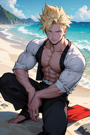 Highly detailed, High Quality, Masterpiece, beautiful, gohan on the beach, without a shirt, blonde hair,light purple eyes , black pants, 