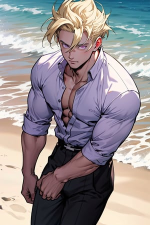 Highly detailed, High Quality, Masterpiece, beautiful, gohan on the beach, without a shirt, blonde hair,light purple eyes , black pants, 