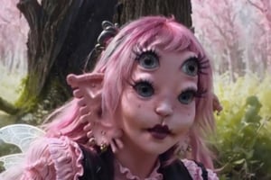 She is coming out of a heart in the world,split hair with pink on the left and black on the right, swampy red forest, a woman, dress, pov_eye_contact, fairy, colorful, sun set, video clip, void melanie martinez video clip mv