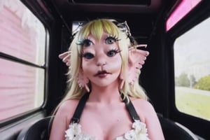 She is coming out of a seat in the world,split hair with blonde on the left and black on the right,school bus pink bus, a woman, white dress, pov_eye_contact, fairy, colorful, night, video clip, wheels on the bus melanie martinez video clip mv