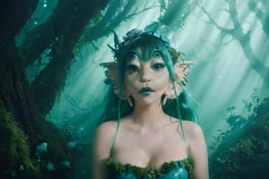 She is standing out of a forest tree, split hair with green on the left and black on the right, blue forest deep underwater, a woman, dress, pov_eye_contact, fairy, colorful, night, video clip, soap melanie martinez video clip mv