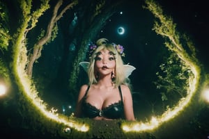 She is coming out of a deep hole in the world,split hair with blonde on the left and black on the right, giant tree, a woman, dress, pov_eye_contact, fairy, colorful, night, video clip, void melanie martinez video clip mv