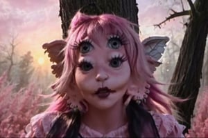 She is coming out of a heart far in the world,split hair with pink on the left and black on the right, swampy red forest, a woman, dress, pov_eye_contact, fairy, colorful, sun set, video clip, void melanie martinez video clip mv