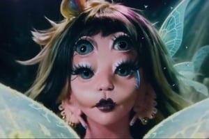 She is coming out of a deep hole in the world,split hair with blonde on the left and black on the right, black hole, a woman, dress, pov_eye_contact, fairy, colorful, night, video clip, void melanie martinez video clip mv