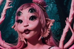 She is coming out of a deep hole in the world,split hair with pink on the left and black on the right, swampy red forest, a woman, dress, pov_eye_contact, fairy, colorful, night, video clip, void melanie martinez video clip mv