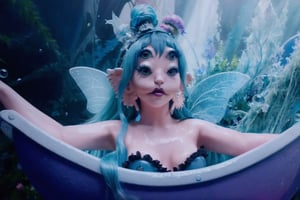 She is coming out of a seat in the world,split hair with blue on the left and black on the right, bathtub with bubbles , a woman, dress, pov_eye_contact, fairy, colorful, night, video clip, soap melanie martinez video clip mv