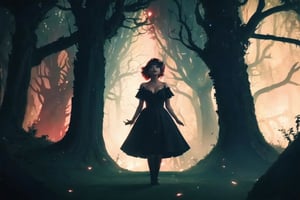 She is standing out of a tree roots, split hair with red on the left and black on the right, tunnel deep underground, a woman, dress, pov_eye_contact, fairy, colorful, night, video clip, death melanie martinez video clip mv