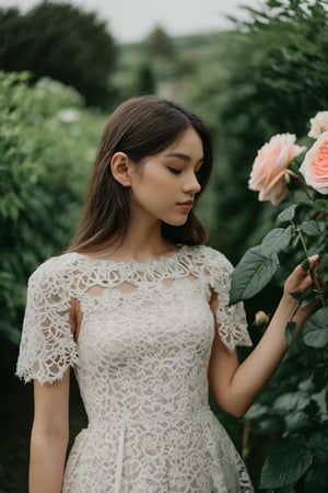 Medium shot of a girl wear lace dress in the garden of rose