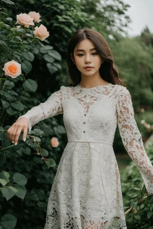 Medium shot of a girl wear lace dress in the garden of rose