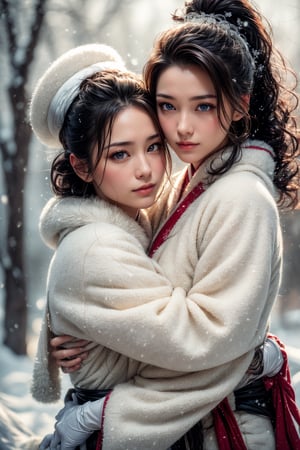 2 Mature lady{hugging and kiss each other}, deeply kiss, Sweet face, full body, very huge breast, charming eyes{beautiful and detailed eyes}, eye smile, sexy lips, delicate facial features, busty body type, (dark hair:1.2),  long ponytail, curly hair, hanfu(white, transparent), wearing big fur hat, wearing thick gloves, wearing fur scarf, winter, forest, snowing heavily, flim grain, masterpiece, Best Quality, natural and soft light photorealistic, ultra-detailed, finely detailed, high resolution, sharp-focus, glowing forehead, perfect shading, highres, photorealistic,perfect