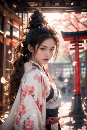 1girl, Sweet face, full body, very huge breasts, charming eyes, looking to audience, {beautiful and detailed eyes}, eye smile, ((nervous and embarrassed)), sexy lips, delicate facial features,((model pose)), Glamor body type, (dark hair:1.2),  long ponytail, curly hair, Female Samurai, {{Swinging a Japanese Sword}}, kungfu dancing, beautiful hanfu(white, transparent), Japan temple, spring morning, under sakura tree, (sakura petals scattered), flim grain, masterpiece, Best Quality, natural and soft light photorealistic, ultra-detailed, finely detailed, high resolution, sharp-focus, glowing forehead, perfect shading, highres, photorealistic,perfect