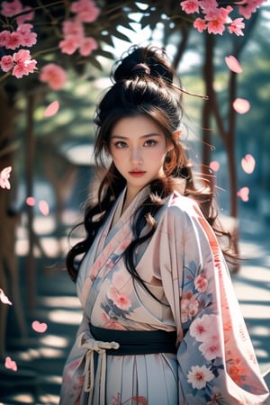 1girl, Sweet face, full body, very huge breasts, charming eyes, looking to audience, {beautiful and detailed eyes}, eye smile, ((nervous and embarrassed)), sexy lips, delicate facial features,((model pose)), Glamor body type, (dark hair:1.2),  long ponytail, curly hair, Female Samurai, {{Holding a Japanese Sword}}, beautiful hanfu(white, transparent), Japan temple, spring morning, stand under sakura tree, (sakura petals scattered), flim grain, masterpiece, Best Quality, natural and soft light photorealistic, ultra-detailed, finely detailed, high resolution, sharp-focus, glowing forehead, perfect shading, highres, photorealistic,perfect,<lora:659111690174031528:1.0>