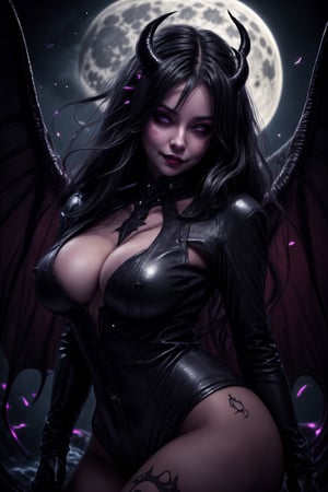 1girl, succubus, Sweet face, full body, charming eyes {beautiful and detailed eyes}, icy  eyeshadow, longfade eyebrow, evil smile, sexy lips, delicate facial features, busty body type((huge breasts}}, long hair(dark hair:1.2), long demon tail, wearing demon clothes {{black, leather, sexy, horny suit}}, beautiful hands(wearing leather gloves), moon night, flim grain, masterpiece, Best Quality, natural and soft light photorealistic, ultra-detailed, finely detailed, high resolution, sharp-focus, glowing forehead, perfect shading, highres, photorealistic,Mehira_AFK