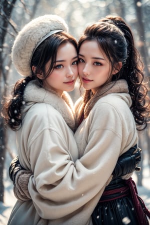 2 Mature lady{hugging and kiss each other}, Sweet face, full body, very huge breast, charming eyes, looking to audience {beautiful and detailed eyes}, eye smile, sexy lips, delicate facial features, busty body type, (dark hair:1.2),  long ponytail, curly hair, hanfu(white, transparent), wearing big fur hat, wearing thick gloves, wearing fur scarf, winter, forest, snowing heavily, flim grain, masterpiece, Best Quality, natural and soft light photorealistic, ultra-detailed, finely detailed, high resolution, sharp-focus, glowing forehead, perfect shading, highres, photorealistic,perfect