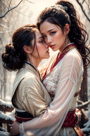 2 Mature lady{hugging and kiss each other}, deeply kiss, Sweet face, full body, very huge breast, charming eyes{beautiful and detailed eyes}, eye smile, sexy lips, delicate facial features, busty body type, (dark hair:1.2),  long ponytail, curly hair, hanfu(white, transparent), winter, forest, snowing heavily, flim grain, masterpiece, Best Quality, natural and soft light photorealistic, ultra-detailed, finely detailed, high resolution, sharp-focus, glowing forehead, perfect shading, highres, photorealistic,perfect